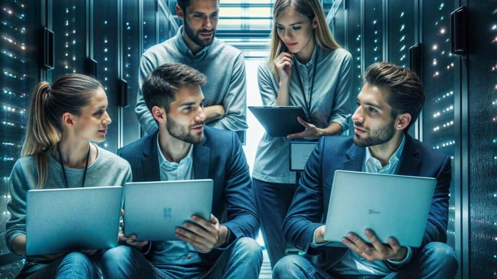 Five people in business attire collaborate with laptops and a tablet in a server room, discussing maintaining a server farm while working on a company project.