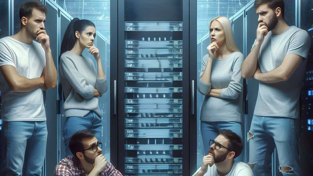 Six people stand and sit around a server cabinet at a corporate server farm, all looking thoughtful and worried as they inspect Tal Systems' equipment.