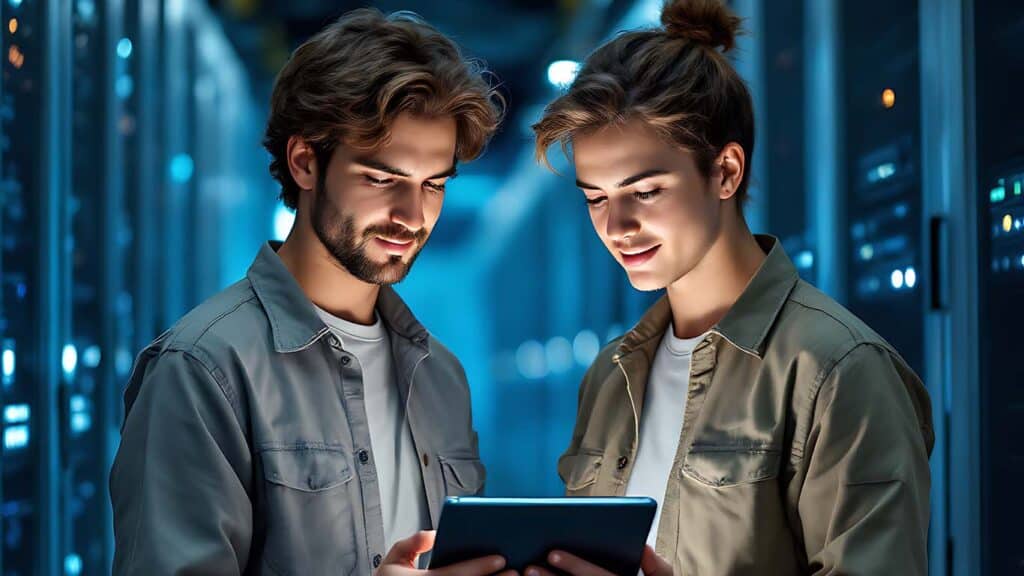 Two people stand in a server room, examining a digital tablet together. Surrounding them are shelves with blue lighting, showcasing Tal Systems expertise in building server farms for companies.