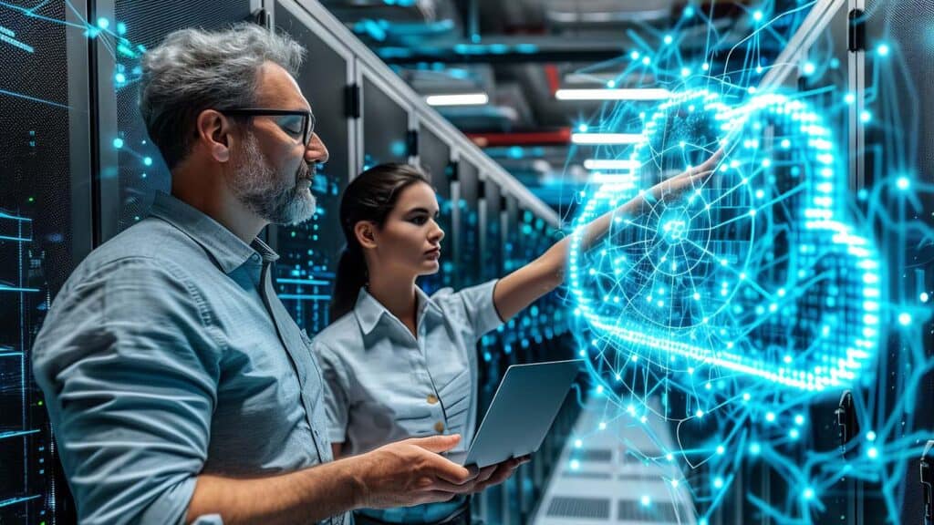 Two people in a server room communicate with a glowing digital cloud interface, symbolizing building a server farm and managing data. One person owns a laptop, highlighting advanced Tal Systems solutions for businesses.