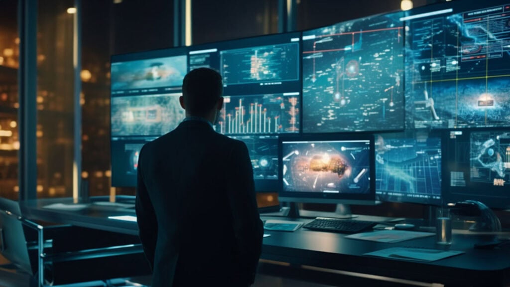 A man in a suit stands in front of several large screens displaying data, charts, and digital maps in a modern office at night, introducing Tal Systems and Server Farm Management to companies.
