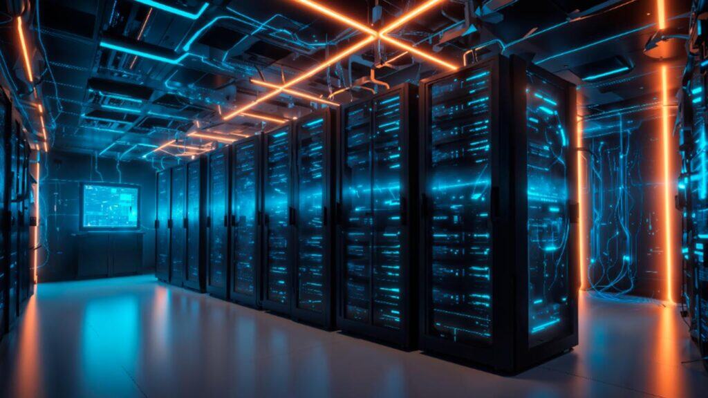 A modern data center room with rows of illuminated server cabinets, glowing blue and orange lights, and digital cables spread along the walls and ceiling, showcasing Tal Systems' advanced server farm construction.