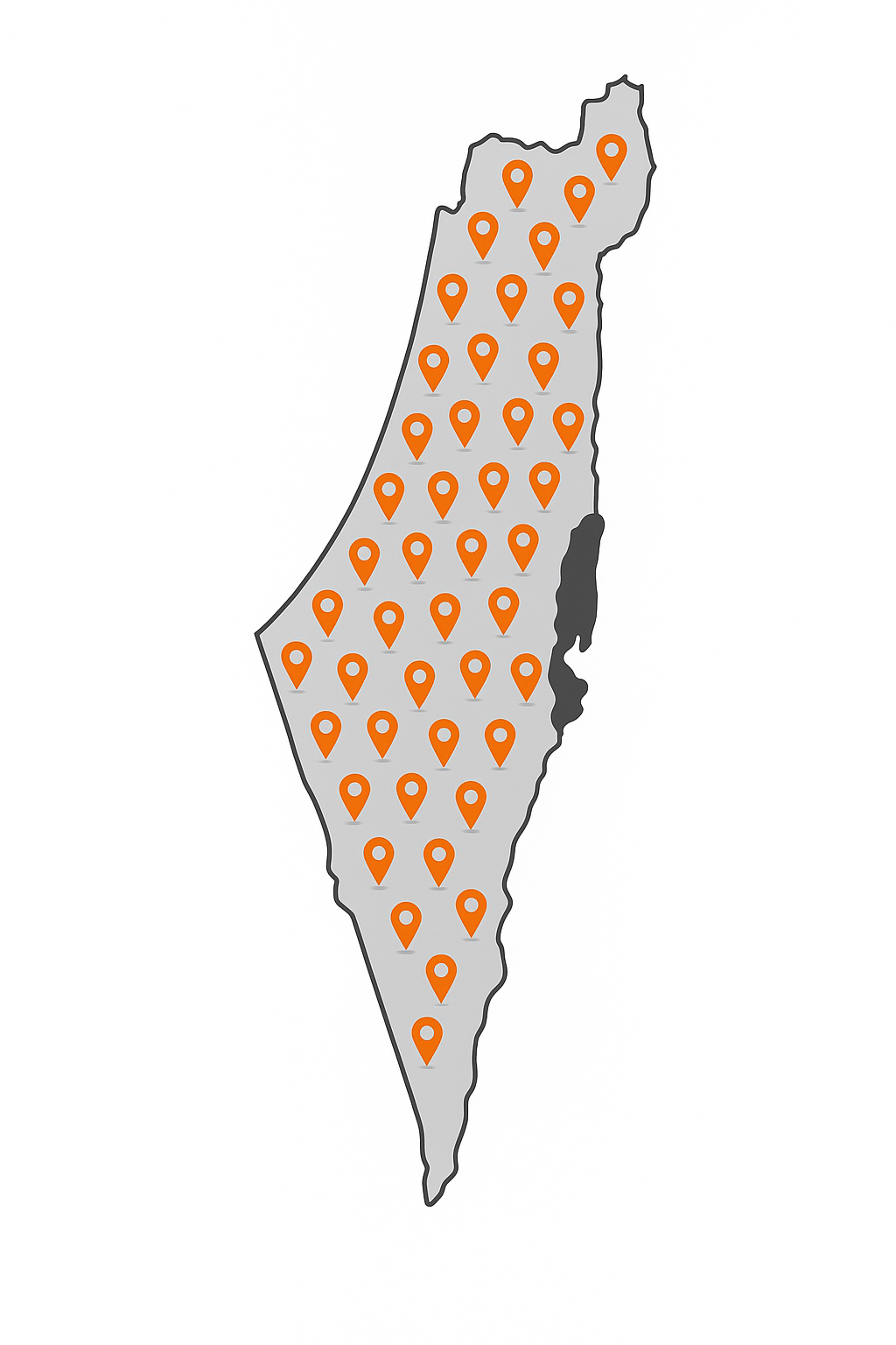 מפת אפור עם מספר סימונים כתומים, המייצגים תחזוק חוות שרתים by טל מערכות, הפזורים באופן שווה ברחבי האזור.