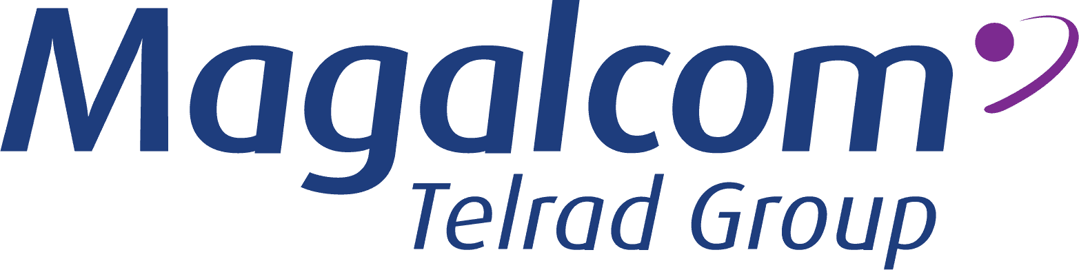 לוגו הכולל את המילה "Magalcom" באותיות כחולות גדולות ומתחתיה "Telrad Group" באותיות כחולות קטנות יותר, עם סמל סגול מעוקל מימין, המשקף את המומחיות בתחום תחזוק חוות שרתים לעסקים.