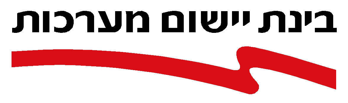 Hebrew text above a curved red abstract shape with a notch, on a white background, related to corporate server farms and Tel Systems.