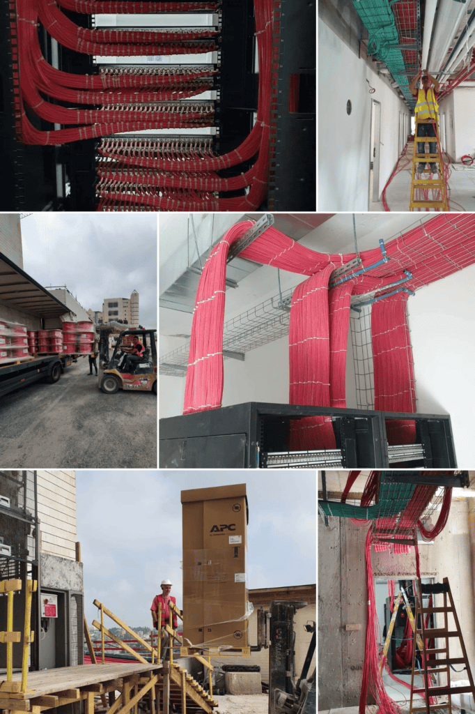 Photo collage showing installation and transportation of red mesh cables on a construction site, with workers handling equipment and managing cable trays.