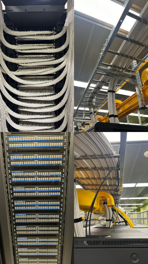 קולאז' של ארבע תמונות המציגות כבלים רשת מסודרים ולוחות חיבורים במרכז נתונים או בחדר שרתים.